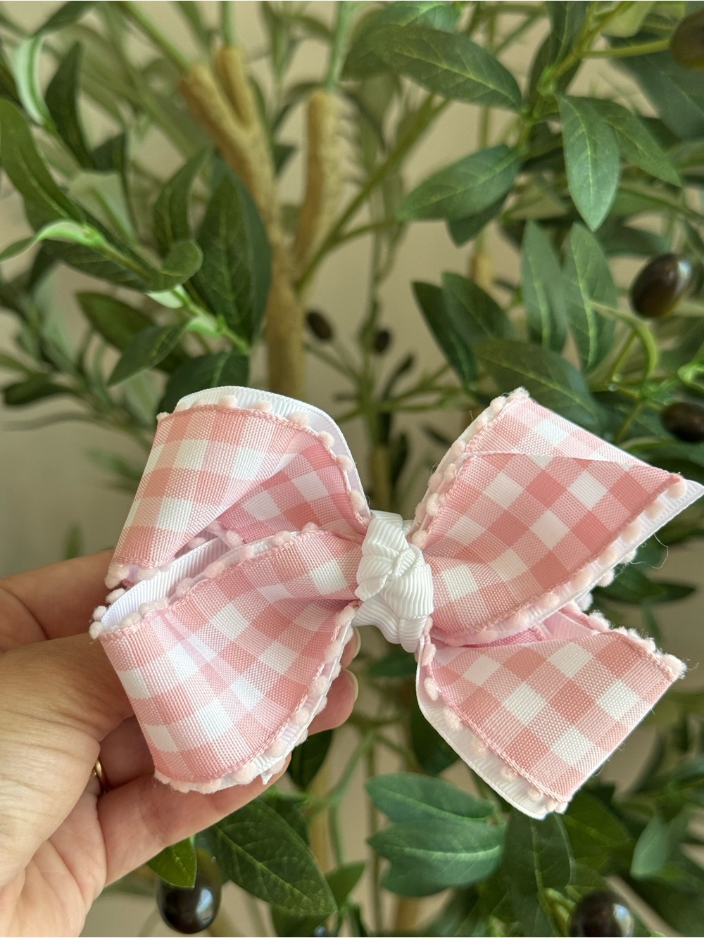 Pink Gingham lined Hair Bow Clip
